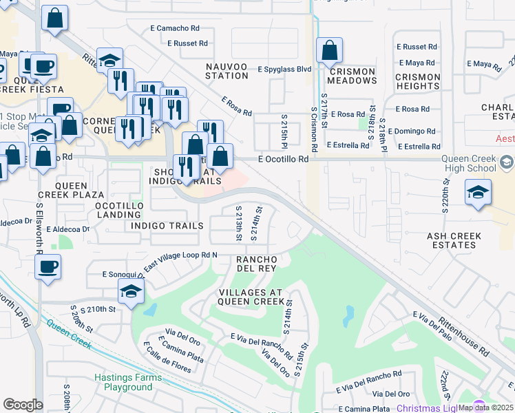 map of restaurants, bars, coffee shops, grocery stores, and more near 22256 South 214th Street in Queen Creek