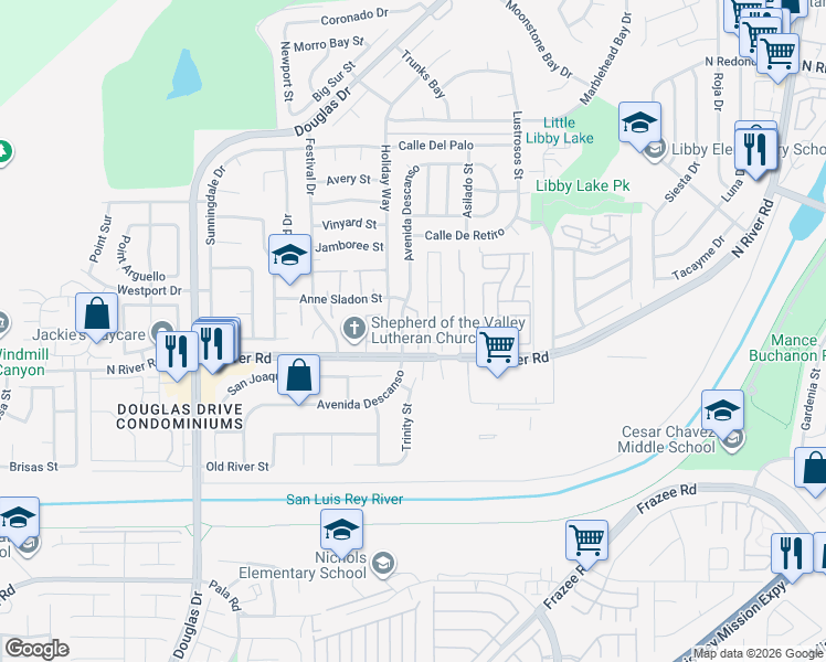 map of restaurants, bars, coffee shops, grocery stores, and more near 4616 North River Road in Oceanside