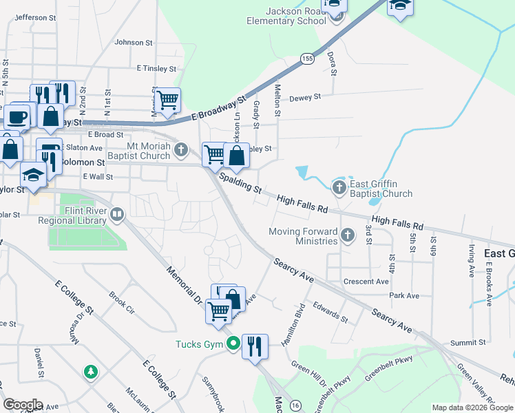 map of restaurants, bars, coffee shops, grocery stores, and more near 120 Chandler Street in Griffin