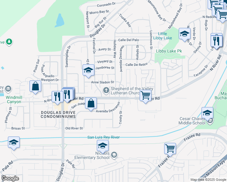 map of restaurants, bars, coffee shops, grocery stores, and more near 4520 North River Road in Oceanside