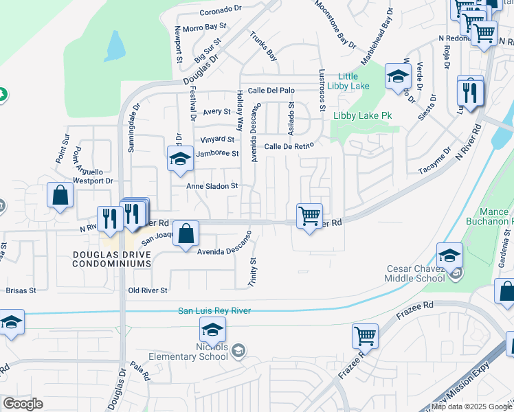 map of restaurants, bars, coffee shops, grocery stores, and more near 195 Avenida Descanso in Oceanside