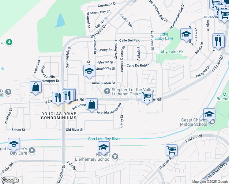 map of restaurants, bars, coffee shops, grocery stores, and more near 4520 North River Road in Oceanside