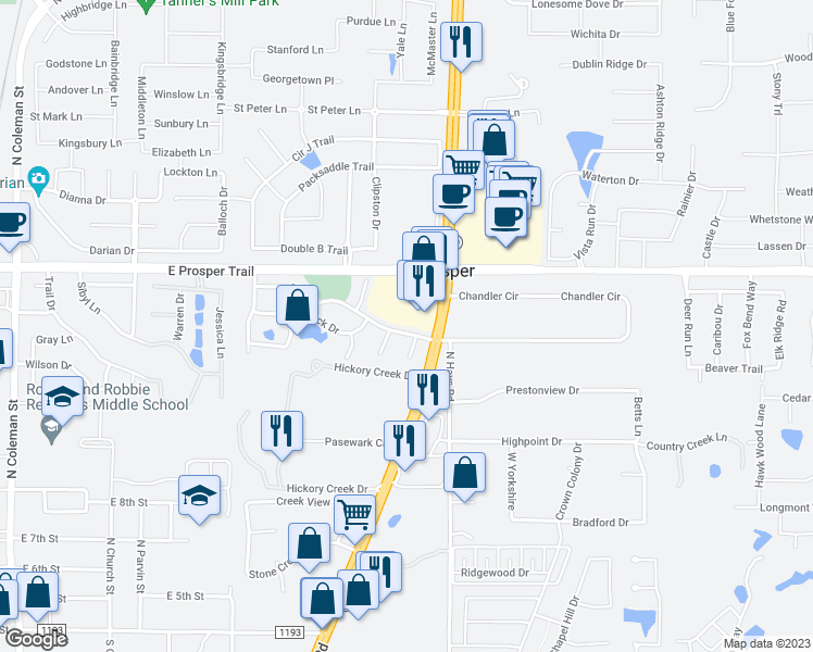 map of restaurants, bars, coffee shops, grocery stores, and more near 951 Bridgeport Drive in Prosper