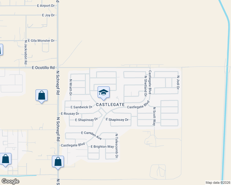 map of restaurants, bars, coffee shops, grocery stores, and more near 4227 East Brae Voe Way in Queen Creek
