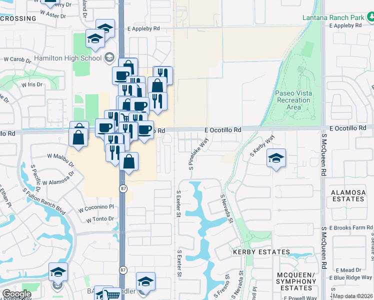 map of restaurants, bars, coffee shops, grocery stores, and more near 4100 S. Pinelake Way in Chandler