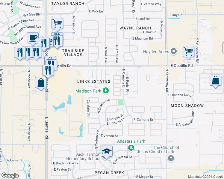 map of restaurants, bars, coffee shops, grocery stores, and more near 40430 North Domiano Street in San Tan Valley