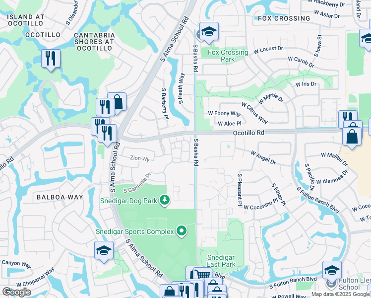 map of restaurants, bars, coffee shops, grocery stores, and more near 891 West Zion Place in Chandler