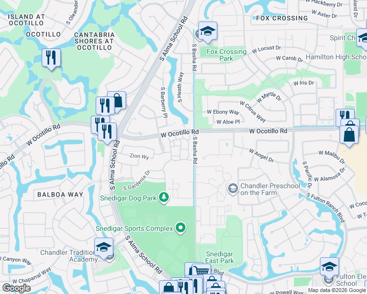 map of restaurants, bars, coffee shops, grocery stores, and more near 891 West Zion Place in Chandler