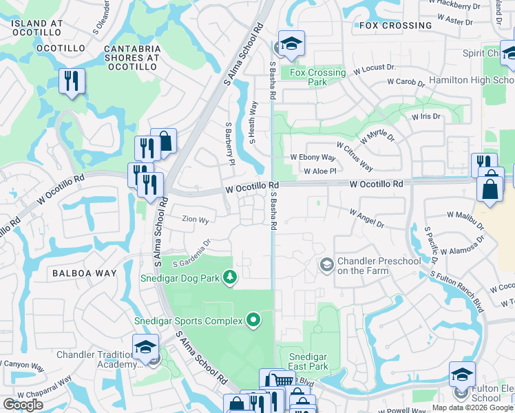 map of restaurants, bars, coffee shops, grocery stores, and more near 891 West Zion Place in Chandler