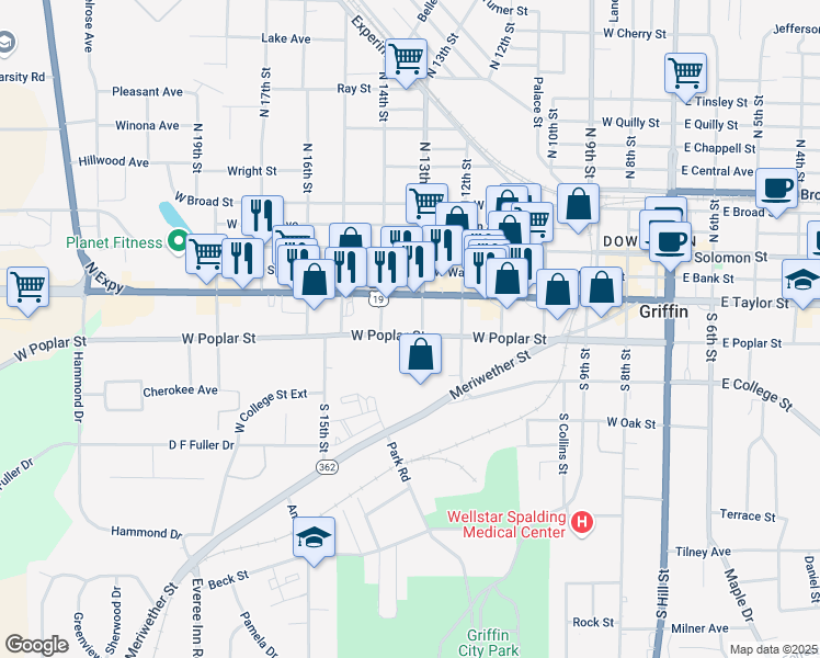 map of restaurants, bars, coffee shops, grocery stores, and more near 709 West Poplar Street in Griffin
