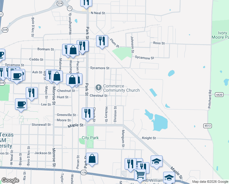 map of restaurants, bars, coffee shops, grocery stores, and more near 1804 Morse Street in Commerce