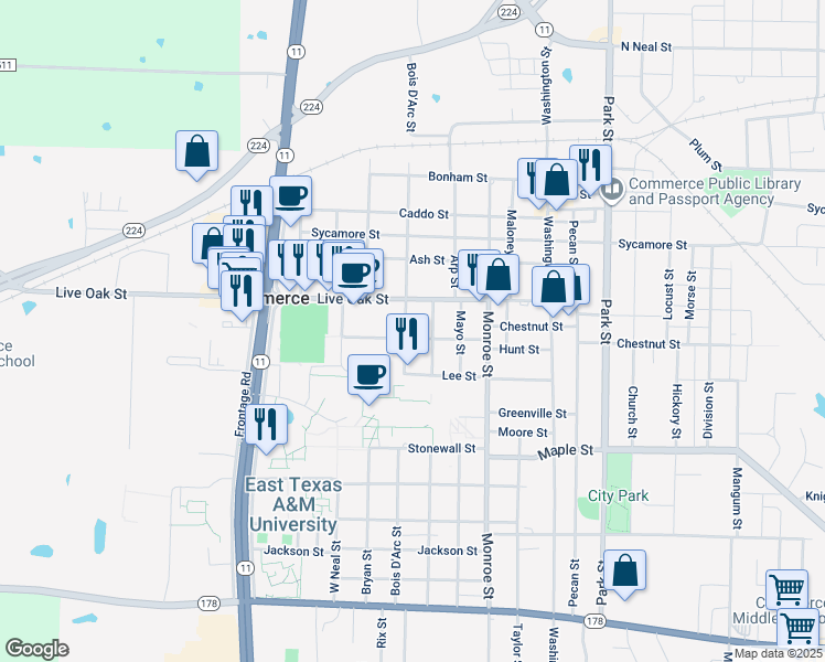 map of restaurants, bars, coffee shops, grocery stores, and more near 1702 Hunt Street in Commerce