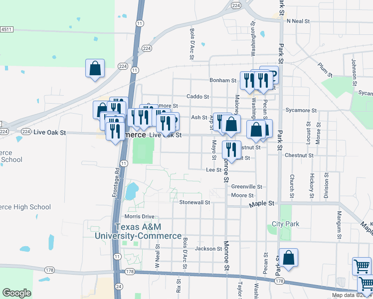 map of restaurants, bars, coffee shops, grocery stores, and more near 1808 Hunt Street in Commerce
