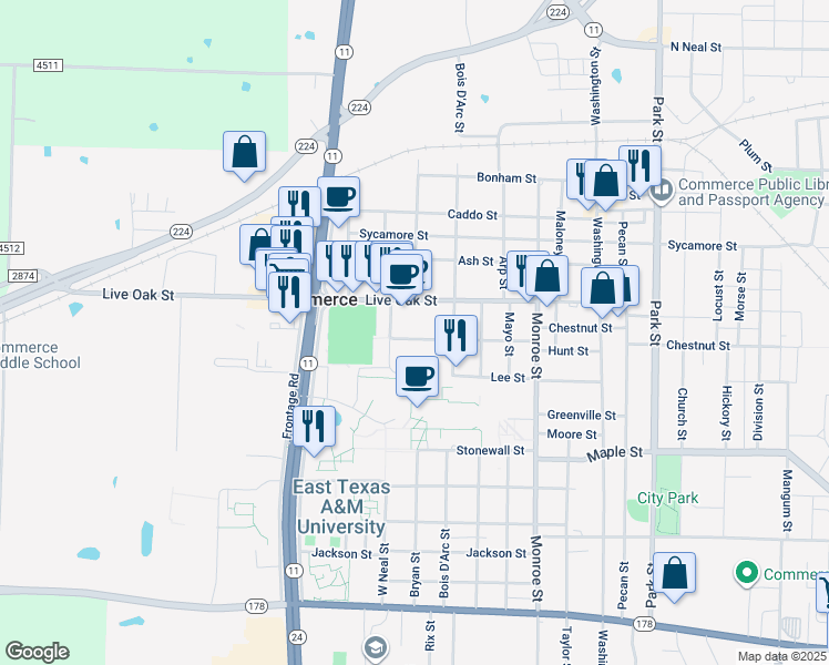 map of restaurants, bars, coffee shops, grocery stores, and more near 1808 Hunt Street in Commerce