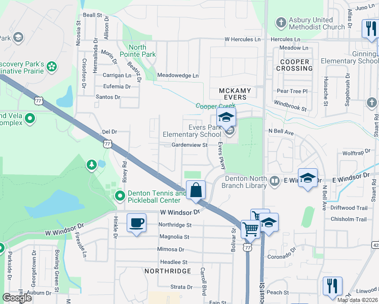 map of restaurants, bars, coffee shops, grocery stores, and more near 428 Gabe Court in Denton