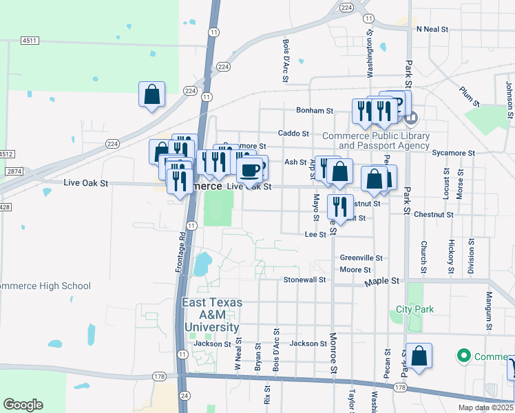 map of restaurants, bars, coffee shops, grocery stores, and more near 1814 Hunt Street in Commerce