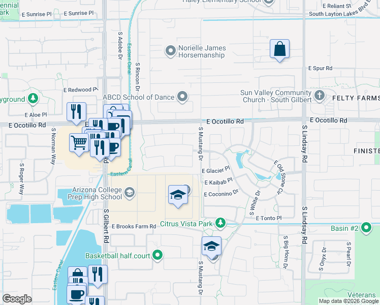 map of restaurants, bars, coffee shops, grocery stores, and more near 3435 East Grand Canyon Drive in Chandler