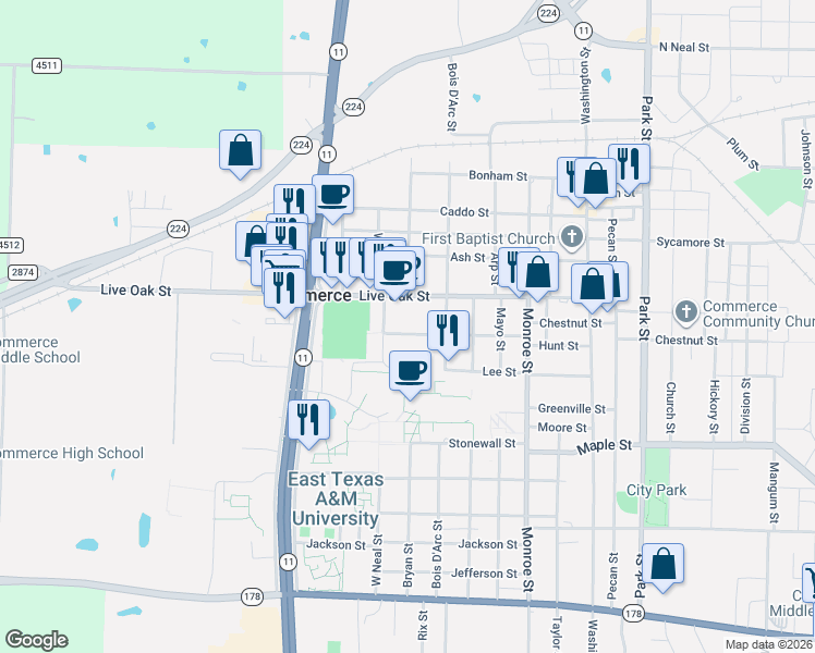 map of restaurants, bars, coffee shops, grocery stores, and more near 1808 Hunt Street in Commerce