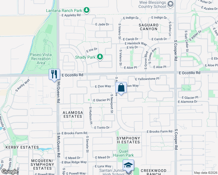 map of restaurants, bars, coffee shops, grocery stores, and more near 1463 East Zion Place in Chandler