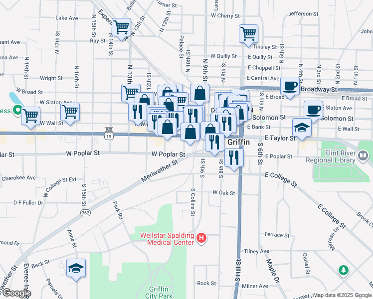 map of restaurants, bars, coffee shops, grocery stores, and more near 232 South 10th Street in Griffin