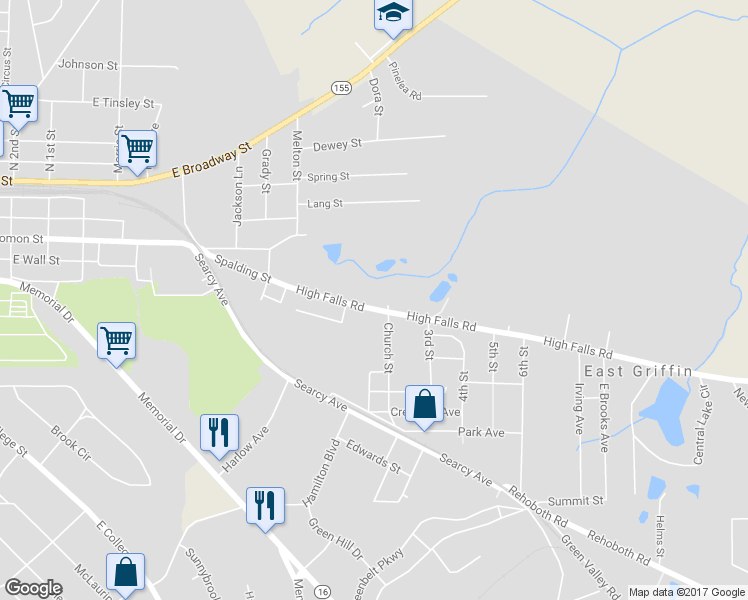 map of restaurants, bars, coffee shops, grocery stores, and more near 975 High Falls Road in Griffin