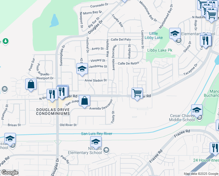map of restaurants, bars, coffee shops, grocery stores, and more near Avenida Descanso in Oceanside