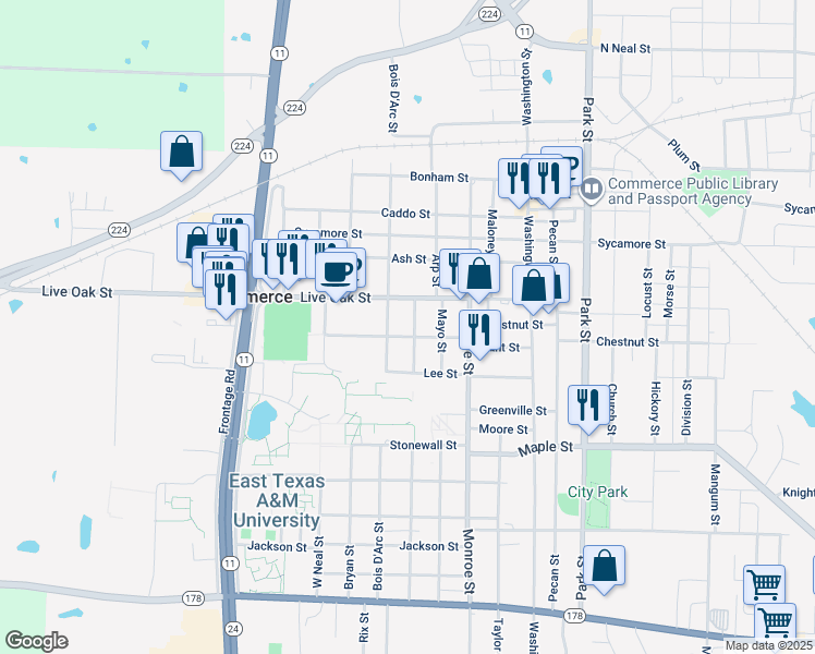 map of restaurants, bars, coffee shops, grocery stores, and more near 1702 Hunt Street in Commerce
