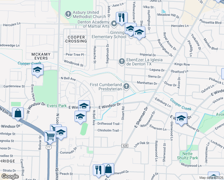 map of restaurants, bars, coffee shops, grocery stores, and more near 705 Wolftrap Drive in Denton