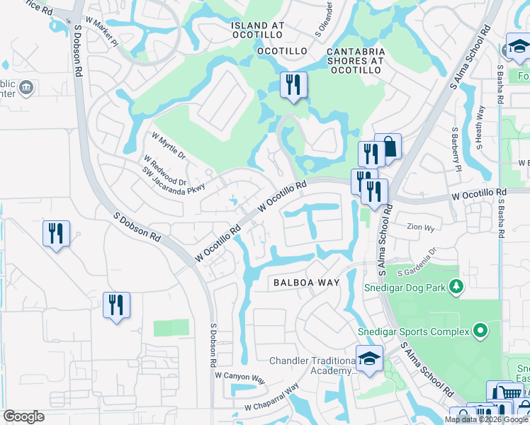 map of restaurants, bars, coffee shops, grocery stores, and more near 1777 Jojoba Way in Chandler