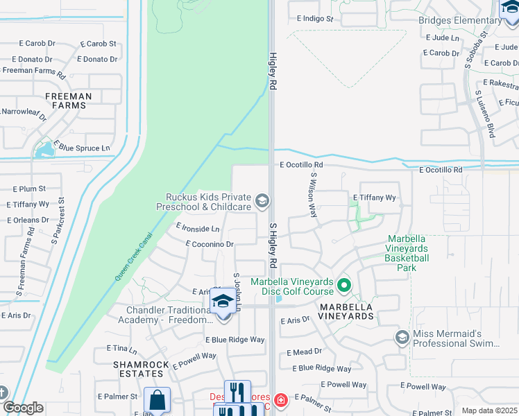 map of restaurants, bars, coffee shops, grocery stores, and more near 3154 East Tiffany Way in Gilbert