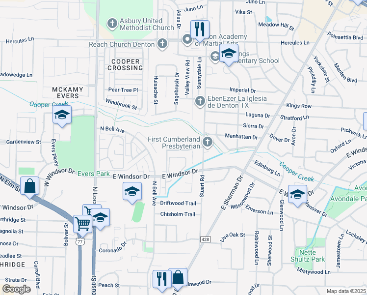 map of restaurants, bars, coffee shops, grocery stores, and more near 701 Wolftrap Drive in Denton