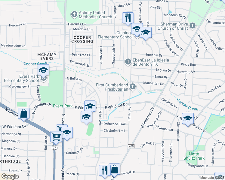 map of restaurants, bars, coffee shops, grocery stores, and more near 617 Wolftrap Drive in Denton
