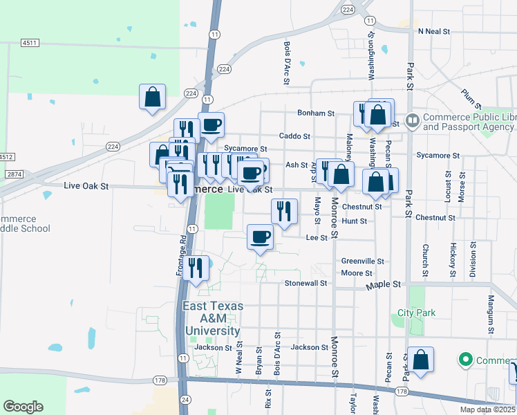 map of restaurants, bars, coffee shops, grocery stores, and more near 1808 Hunt Street in Commerce