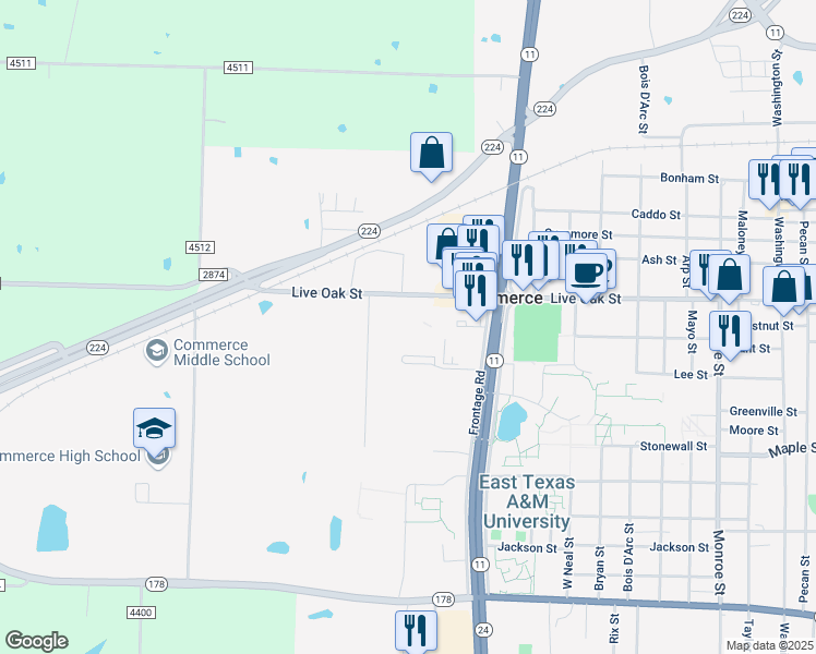 map of restaurants, bars, coffee shops, grocery stores, and more near 2231 Live Oak Street in Commerce