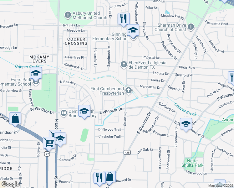 map of restaurants, bars, coffee shops, grocery stores, and more near 708 Wolftrap Drive in Denton