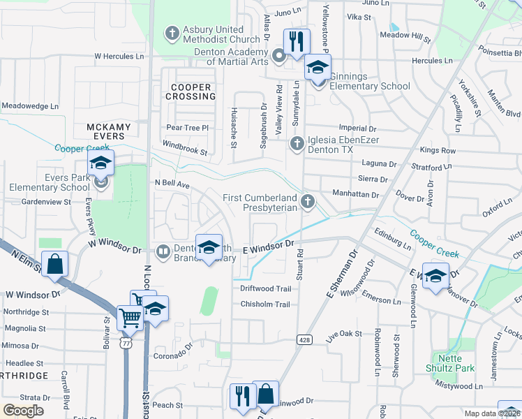 map of restaurants, bars, coffee shops, grocery stores, and more near 617 Wolftrap Drive in Denton