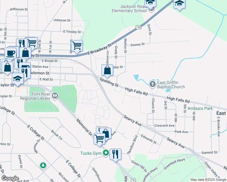 map of restaurants, bars, coffee shops, grocery stores, and more near 231 Little Street in Griffin