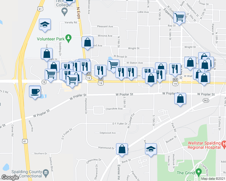 map of restaurants, bars, coffee shops, grocery stores, and more near 1241 West Poplar Street in Griffin