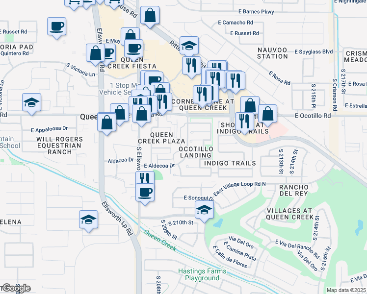 map of restaurants, bars, coffee shops, grocery stores, and more near 21025 East Tierra Grande in Queen Creek