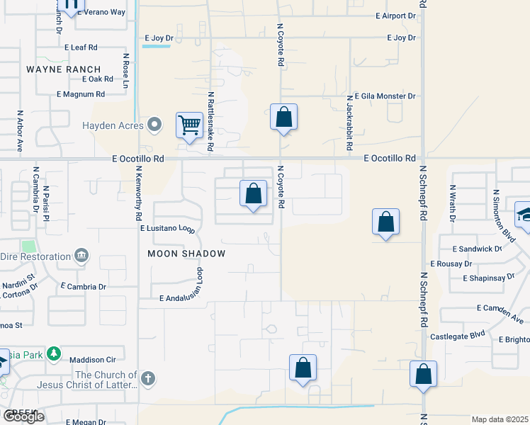 map of restaurants, bars, coffee shops, grocery stores, and more near 2527 East Meadow Creek Way in Queen Creek