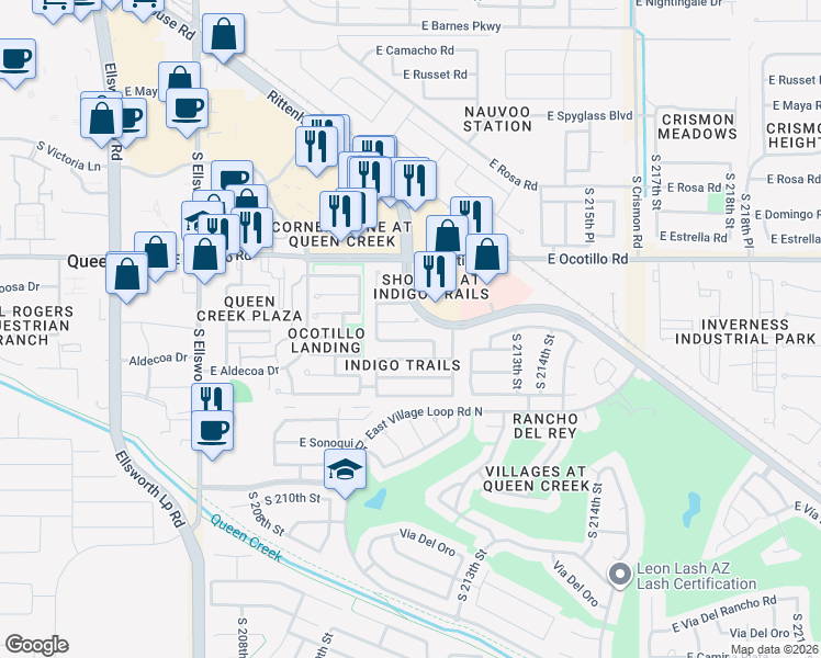 map of restaurants, bars, coffee shops, grocery stores, and more near 21147 East Duncan Street in Queen Creek