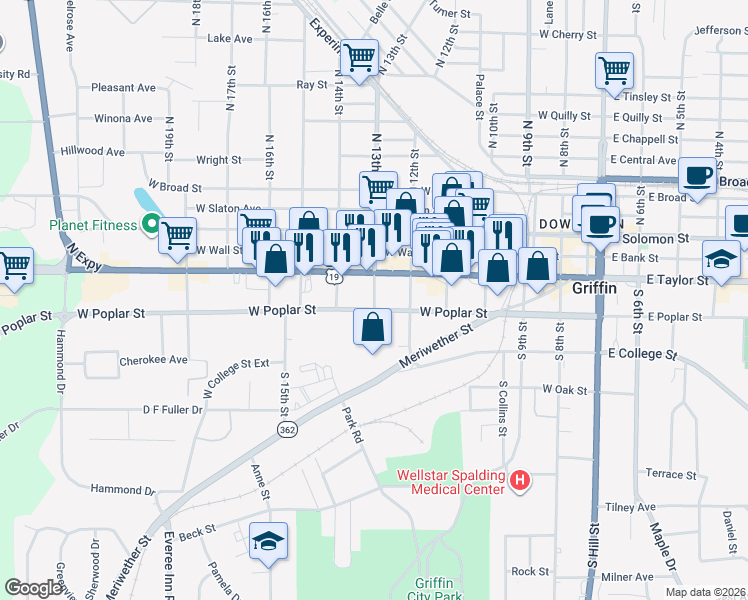 map of restaurants, bars, coffee shops, grocery stores, and more near 623 West Poplar Street in Griffin