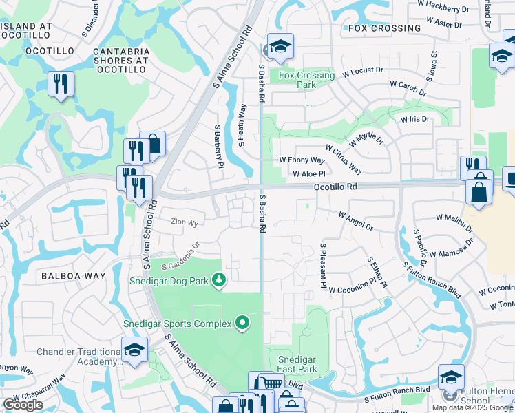map of restaurants, bars, coffee shops, grocery stores, and more near 891 West Zion Place in Chandler