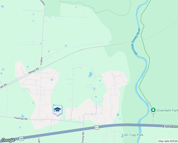 map of restaurants, bars, coffee shops, grocery stores, and more near 3121 North Trinity Road in Denton