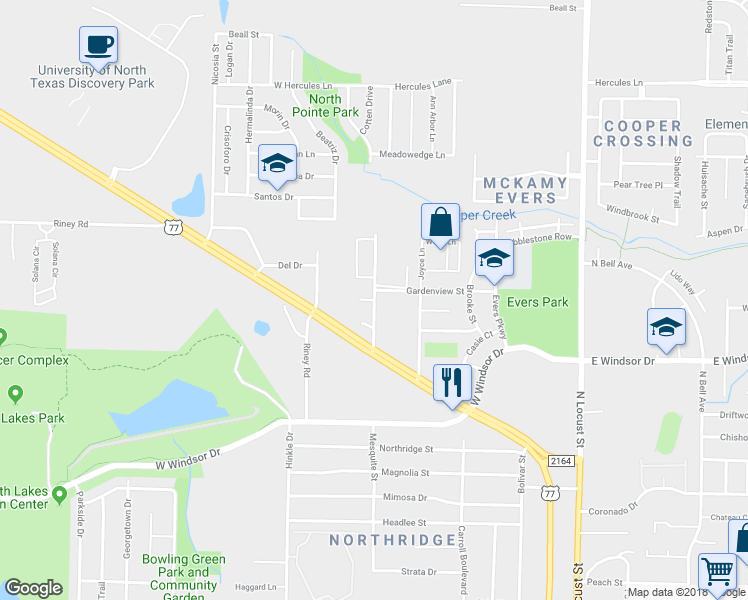 map of restaurants, bars, coffee shops, grocery stores, and more near 3217 Fallmeadow Street in Denton