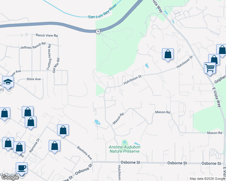map of restaurants, bars, coffee shops, grocery stores, and more near 227 Hutchison Street in Vista