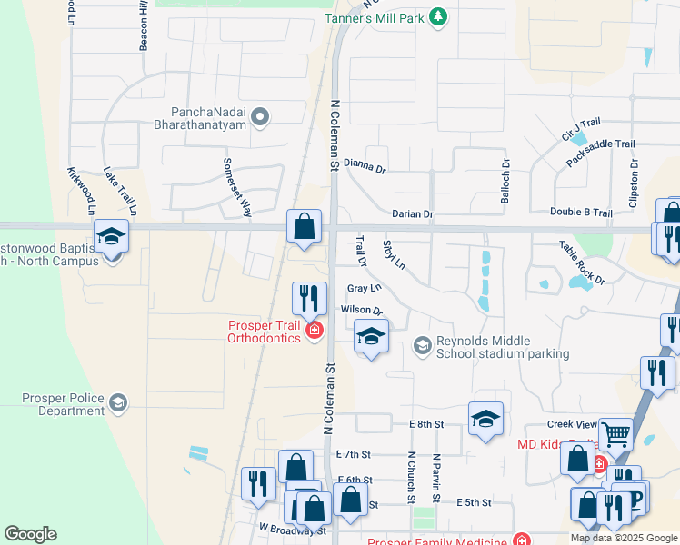 map of restaurants, bars, coffee shops, grocery stores, and more near 100 Bryan Street in Prosper