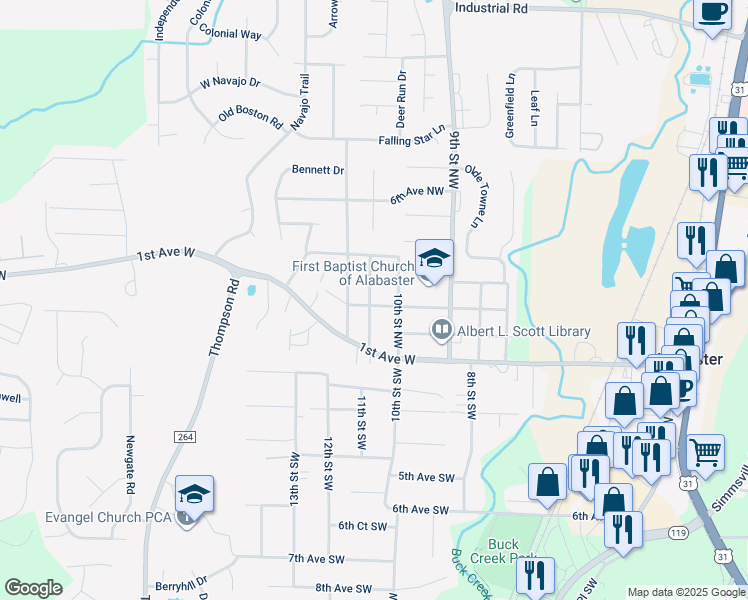 map of restaurants, bars, coffee shops, grocery stores, and more near 1026 3rd Avenue Northwest in Alabaster
