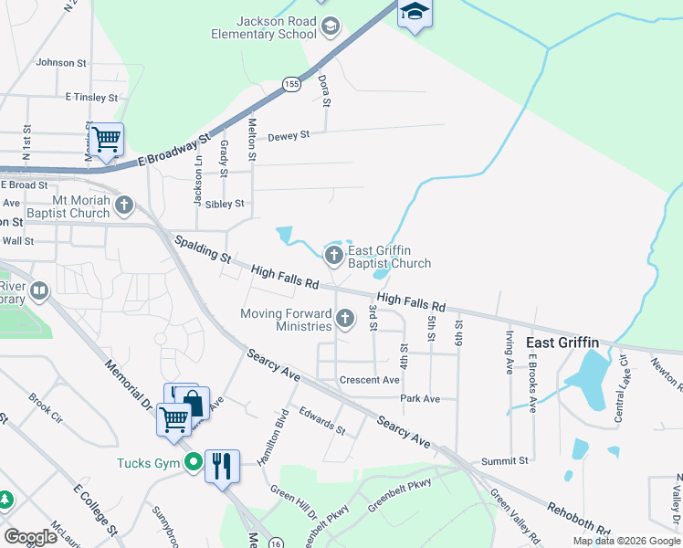 map of restaurants, bars, coffee shops, grocery stores, and more near 1005 High Falls Road in Griffin