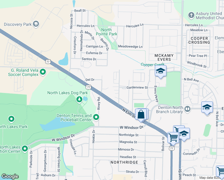 map of restaurants, bars, coffee shops, grocery stores, and more near 609 Meadow View Court in Denton
